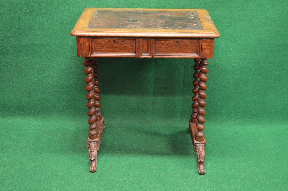 19th century oak ladies writing table the top having brown leather insert over two small drawers,