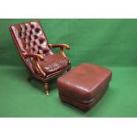 Red leather buttoned back library chair having scroll padded arms with removable seat cushion and