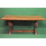 Oak refectory dining table supported on two carved bulbous legs leading to H form stretchered base