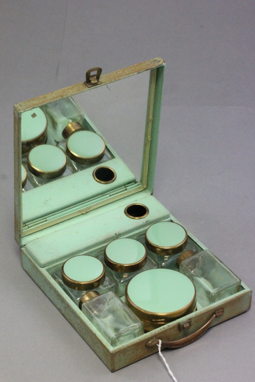 Vintage Cased Ladies Travelling Vanity Case fitted with Glass & Green Bottles & Jars