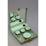 Vintage Cased Ladies Travelling Vanity Case fitted with Glass & Green Bottles & Jars