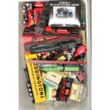 A large collection of toys including model locomotives on stands etc
