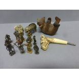 Mixed Lot including Black Forest Bear, Two Dog Head Walking Stick Handles, Elephant Pin Cushion (a/