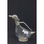 Glass Claret Jug in the form of a Duck with White Metal Mounts