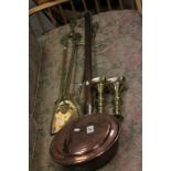 A pair of brass candlestick, copper warming pan and other items