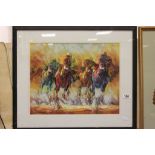 Impressionist horse painting of various jockeys