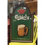 Painted wooden advertising relief sign for Carlsberg lager