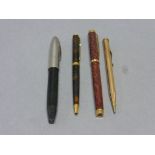 Sheaffer Fountain Pen, Parker Ballpoint Pen, Rolled Gold Cased Pen and Waterman Ballpoint Pen