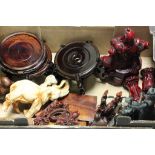 Mixed lot of Oriental hardwood stands, resin figures etc