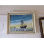 Watercolour painting by David James of a ship coming into harbour