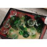 Box of mixed glass including Mary Gregory green glass jug, wine glasses