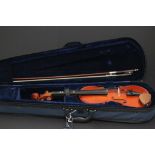 A Primavera 3/4 length violin and bow, cased