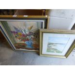 A watercolour of Cornish coast line, along with a still life of flowers