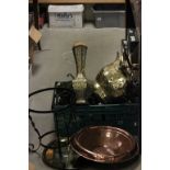 Box of mixed vintage copper and brass items to include; vases converted to lamps, coal scuttle,