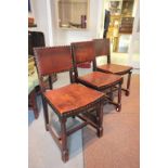 Set of Three Oak Dining Chairs with Brass Studded Leather Seats and Back