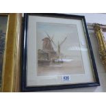 A 19th century watercolour of windmill by the river side