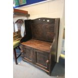 Small Oak Hall Bench with Two Cupboard Doors below seat