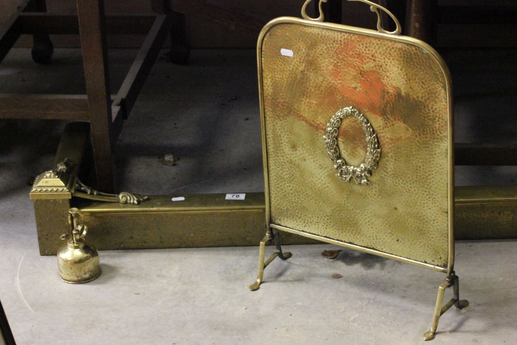 Vintage brass fender, fire screen and an oil can