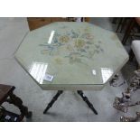Victorian Gypsy Table with Needlework and Glass Top