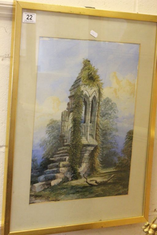 Gilt framed watercolour of a folly, signed A&S 1869