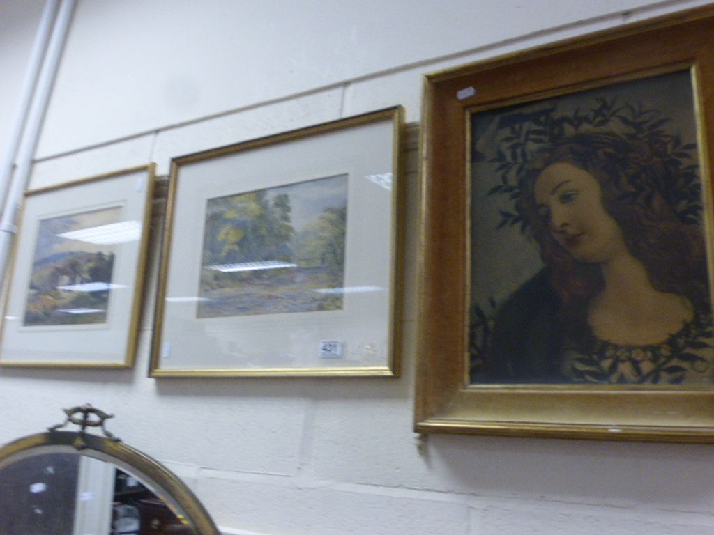 A Victorian watercolour of river scene with another watercolour and print of lady