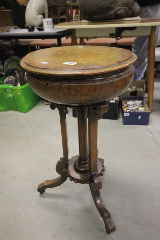 Unusual Victorian Walnut Circular Table, the hinged lid revealing a Tea Caddy Section fitted with