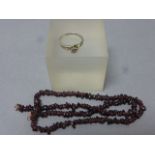 Silver and diamond ring plus garnet necklace with silver clasp