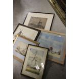 Four Framed and Glazed Watercolours of Windmills together with Signed Black and White Engraving of