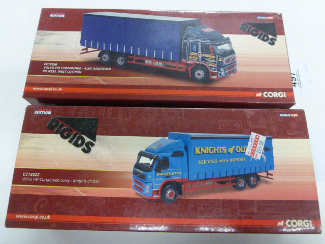 Two boxed Corgi ltd edn Rigids 1:50 commercial vehicles to include CC13526 Volvo FM Curtainside Alex