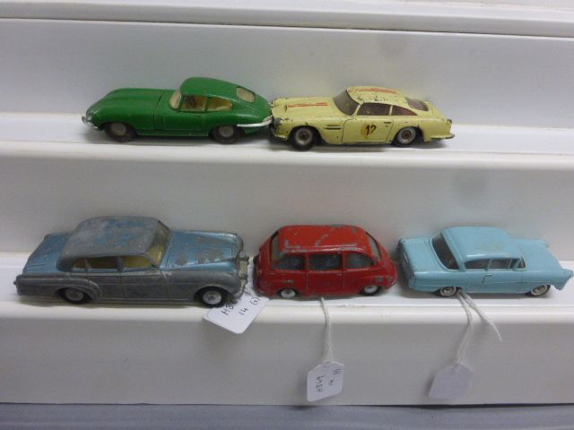 Five vintage play worn diecast vehicles to include Tekno Opel Rekord in pale blue, Spot On x 3 (Fiat