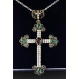 Silver crucifix set with a central garnet and semi-precious stones