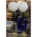 Pair of Vintage Brass Candlestick Lamps with Opaque Glass Shades