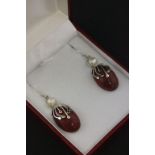 Pair of silver and apple coral earrings with freshwater pearl drops