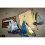 Three ornate sailing yachts to include Aqua Bat squib 13 Relief Board plus Framed World War II