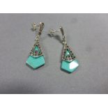 Pair of silver marcasite and turquoise Art Deco style earrings