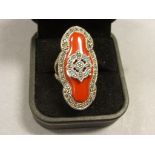 Silver marcasite and apple coral Art Deco style ring