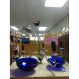 Chrome and Blue Glass Contemporary Central Light Fitting plus Oil Lamp (converted to electric)