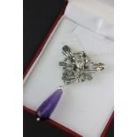 Silver Art Nouveau style amethyst drop pendant necklace