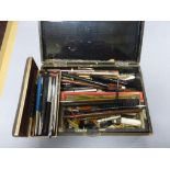 Box of vintage pens and pencils including Parker fountain pens