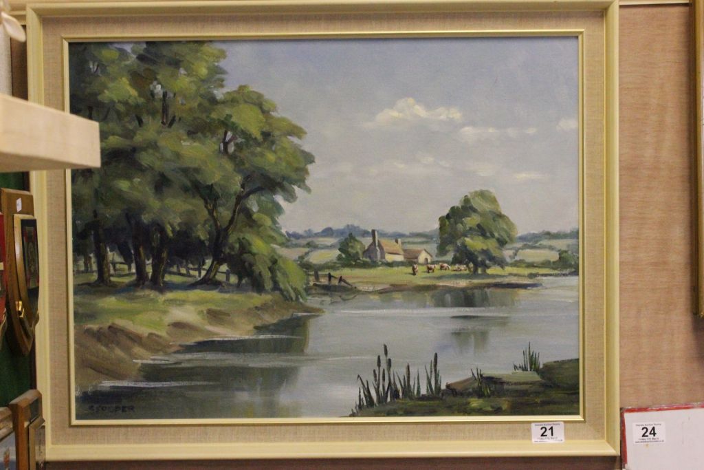 An oil on canvas of a river scene by Constance Cooper