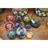 Nine Glass Paperweights including Langham, Adrian Sankey plus Wedgwood George and Vulture Mug