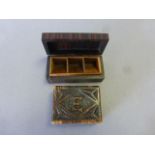 Rosewood stamp box and one other engraved to lid