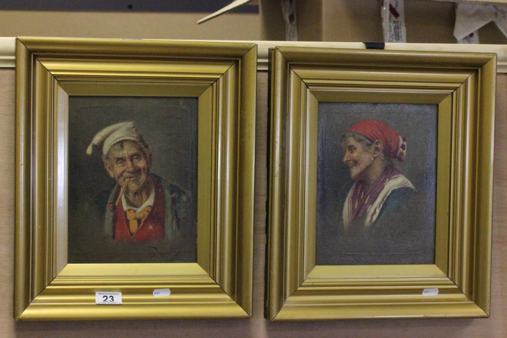 A pair of oil on canvas portraits of a male and female, by Achille Petrocelli