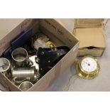 A boxed ww2 gas mask, along with pewter tankards and other items