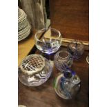 A Langham glass bowl, along with two Langham vases, a Caithness rose bowl and Liskeard vase