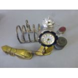 Mixed Lot comprising Silver Plated Toast Rack, Kaiser Flower Clock, Mustard Pot, Brass Hand Clip and