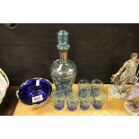 An 20th century Venetian glass decanter with silvered decoration, along with six matching glasses