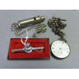 Vintage whistle, badge and silver pocket watch