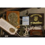 A brass mounted HMS Excellence plaque and other naval related items