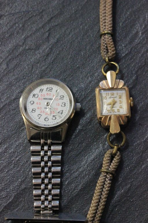 Ladies 9ct gold Accurist wrist watch 1954 with paperwork plus a Sekonda nurses box